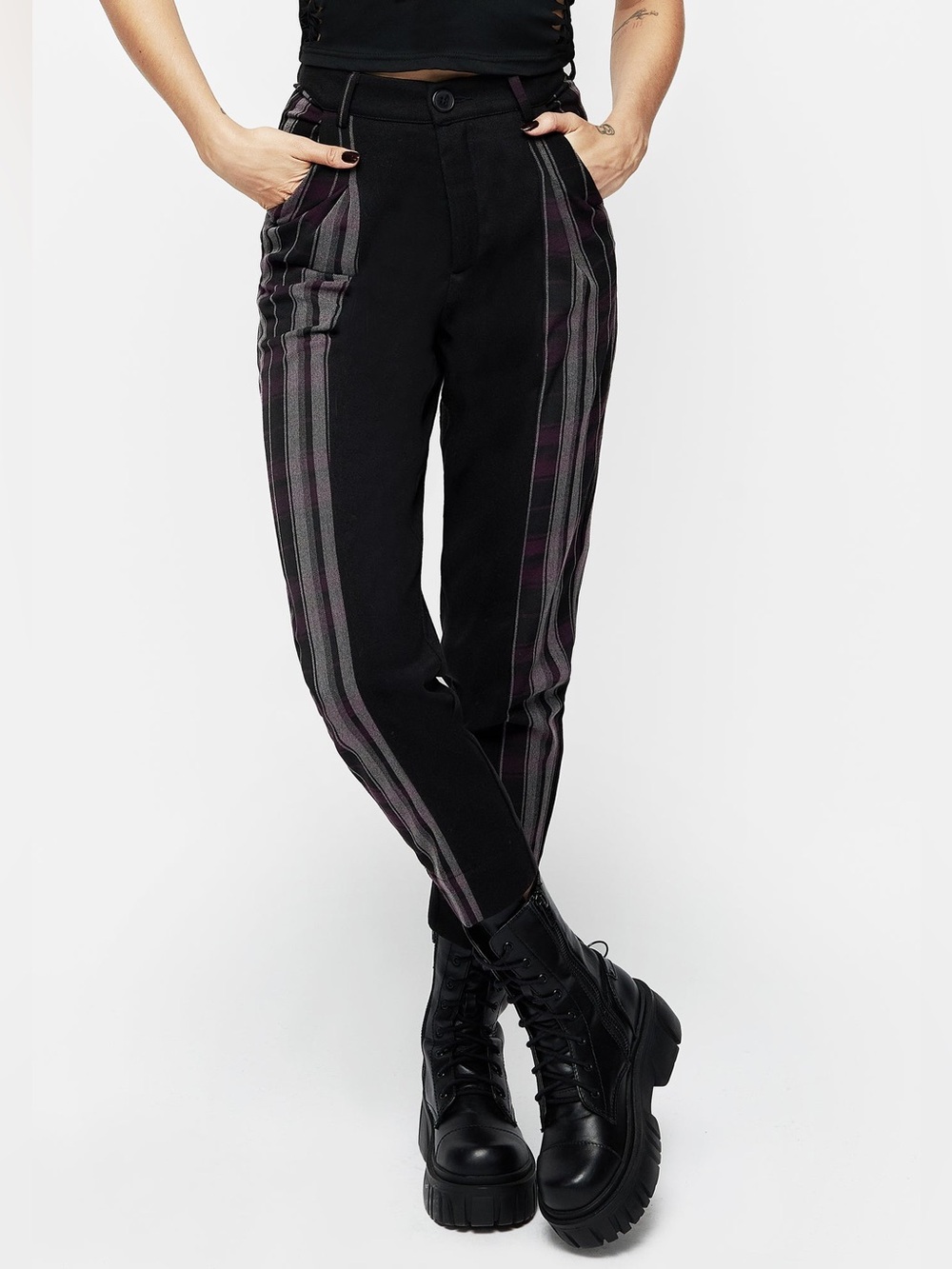 Disturbia Black Pants with Purple & Gray Stripes